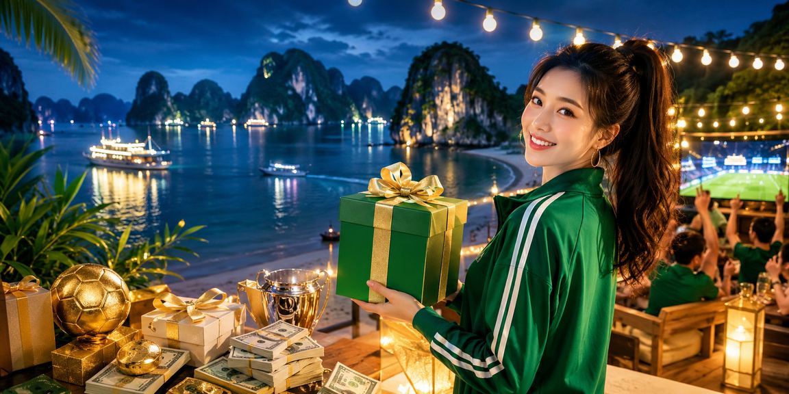 Cảnh vịnh Hạ Long với biểu tượng khuyến mãi thưởng cashback của nền tảng